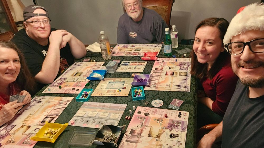 Group shot of us all playing Wyrspan.