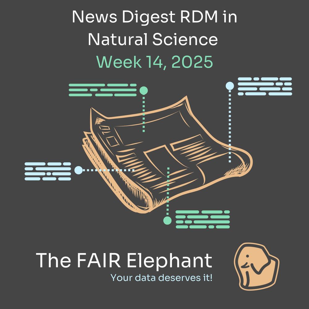 Digital graphic design of a news digest cover for 'RDM in Natural Science' for Week 14, 2025. The image features a hand-drawn illustration of a newspaper with various data points connected by dashed lines to small text boxes in blue and green. The background is dark gray, and the title text is in white and green. At the bottom, 'The FAIR Elephant' is written in white, followed by the tagline 'Your data deserves it!' in blue. A stylized elephant logo is positioned in the bottom right corner.