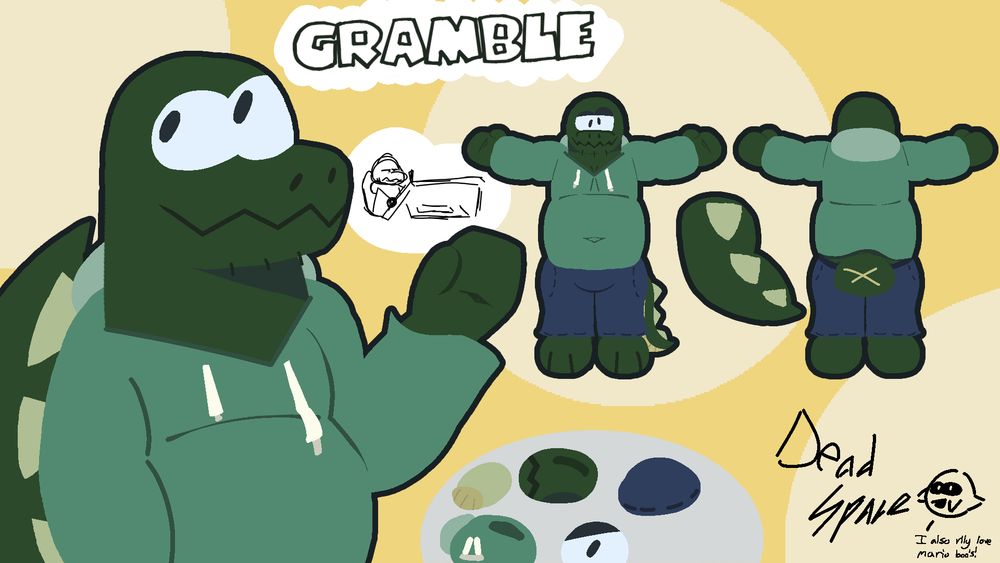 A picture of my fursona! Green, chubby, dragon (I think) guy with a turquoise hoodie and some stubble on his chin.