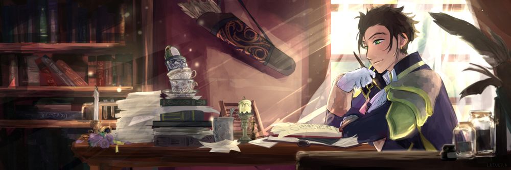 Claude in his Three Hopes design, sitting at a desk filled with papers, books, used teacups, and various random items. There is light coming in from a window behind him, partially illuminating the bookcase and quivery against the wall.