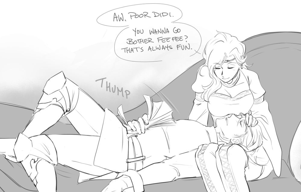 post timeskip: Dimitri sighs heavily and flops down onto a chaise where Hapi is sitting, his head in her lap, clutching a stack of papers. Hapi smiles fondly down at him and brushes a hand over his hair. She says "Aw, poor Didi. You wanna go bother FeeFee? That's always fun."