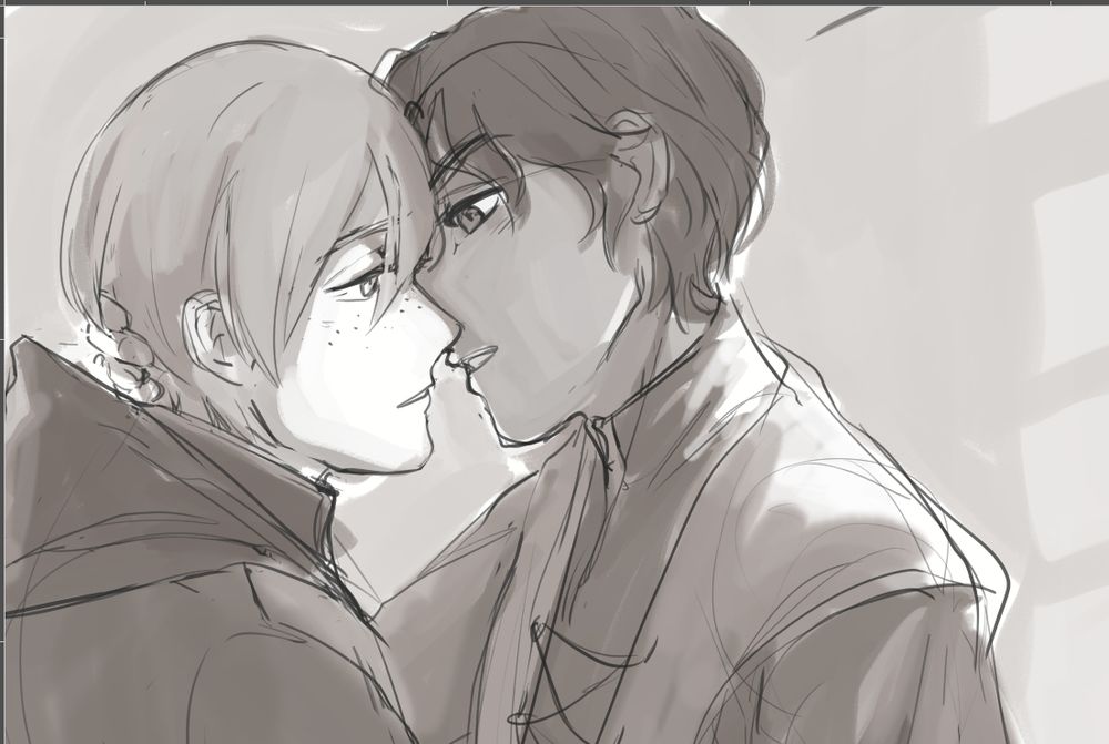 Same as previous, closer in and cropped to show the gesture; they are leaning in, faces tilted and eyes partially closed.