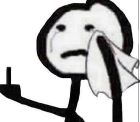 stick figure wiping tears from its face while throwing up a middle finger
