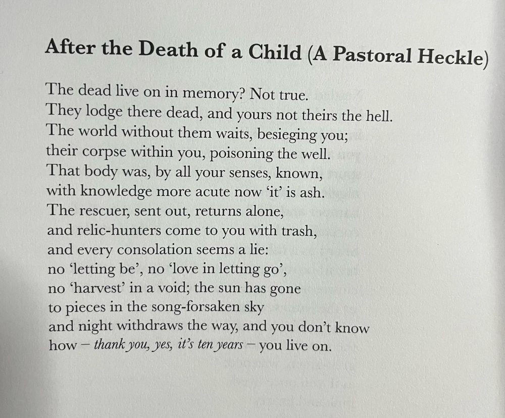Text of a sonnet “After the Death of a Child (A Pastoral Heckle)” by Graeme Richardson