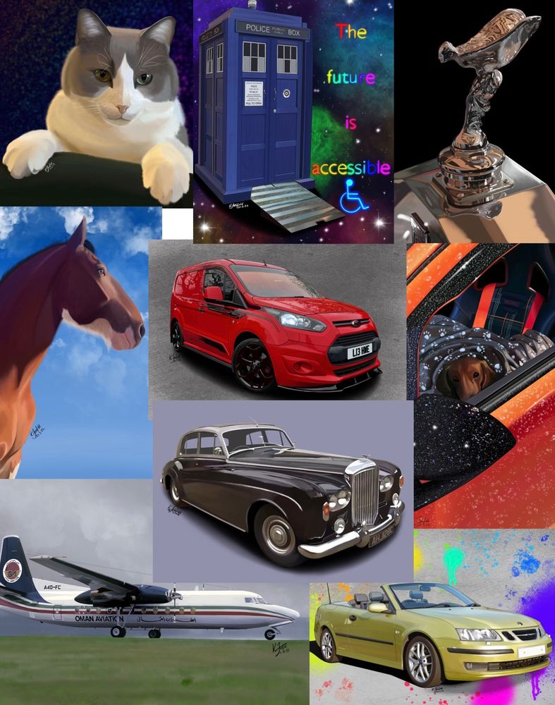 Collage of hand drawn digital paintings, including a cat, a shire horse, a Fokker F27 plane, a ramped tardis with “the future is accessible” text in space, a dachshund in the front seat of an orange sparkly Corsa, a Rolls Royce spirit of ecstasy mascot, red modified Ford transit connect van, Bentley standard saloon, and Saab 9-3 convertible in lime yellow 