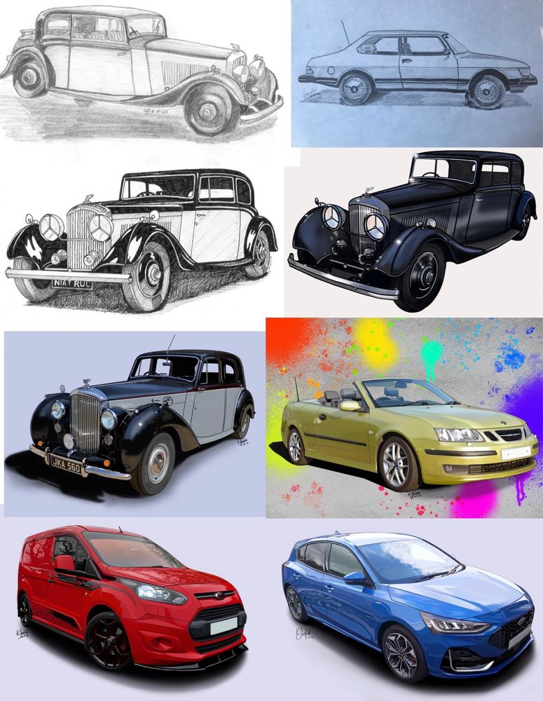Collage of car drawings. Top are some in graphite pencil, then pen and ink, the rest done by hand digitally. There are Bentleys, saabs, a Ford van and car.