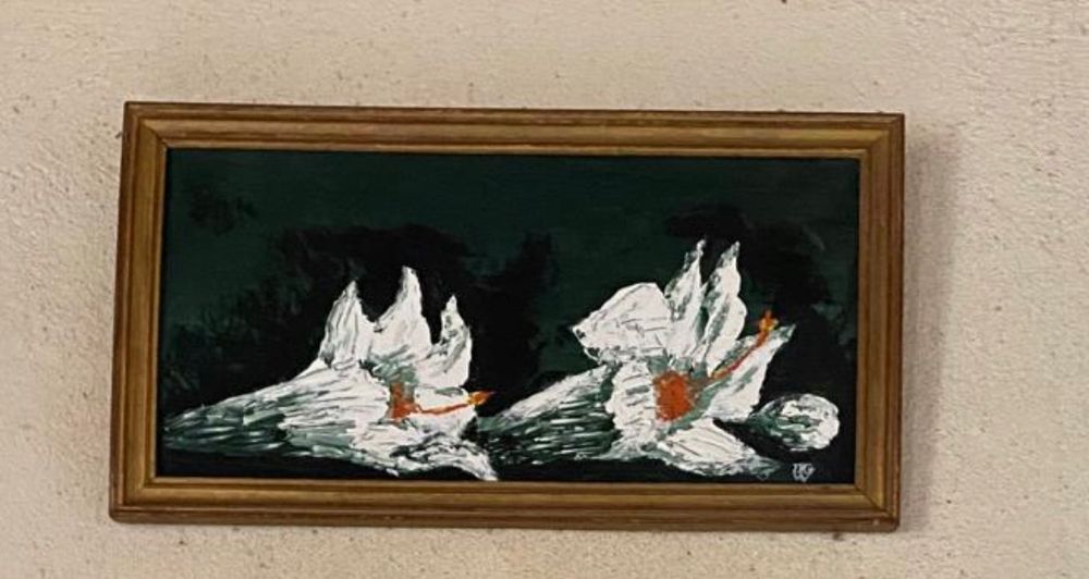 Oil painting of two white lillies on dark green background 