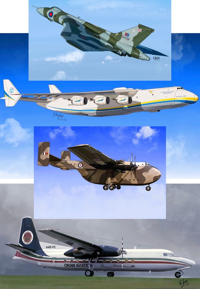 Collage of planes drawn digitally by hand. A Vulcan bomber, Mryia the iconic unique Antonov AN255 cargo plane, a Blackburn Beverley RAF cargo plane, and Fokker F27 in 1980s Oman Aviation livery 