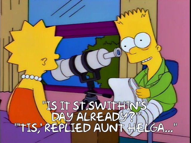 Bart, with a broken leg, reads Lisa the play he's been working on while being isolated and weird.

"Is it St. Swithin's Day Already?"
"'Tis, replied AUNT Helga..."

Here's an article on St. Swithen's Day:

https://www.bbc.com/newsround/48991574