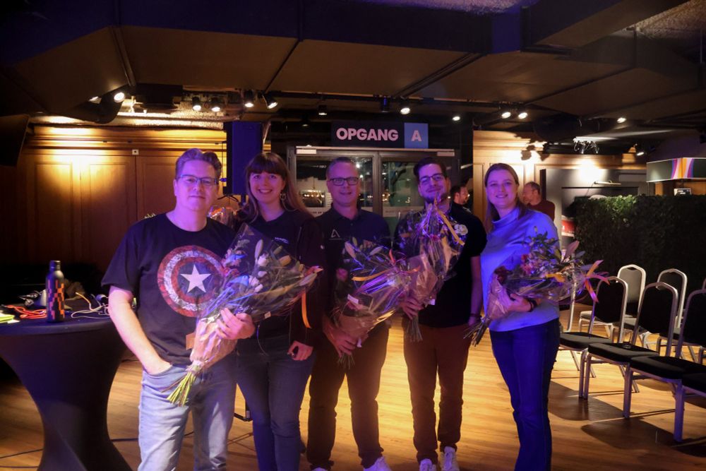 Speakers and host from WebDev Zwolle.

From Left to right: Rowdy Rabouw, Lutske de Leeuw, Dennis Doomen, Sander ten Brinke, Danielle Oosten

All helding a flower bouquet as speakers gift.