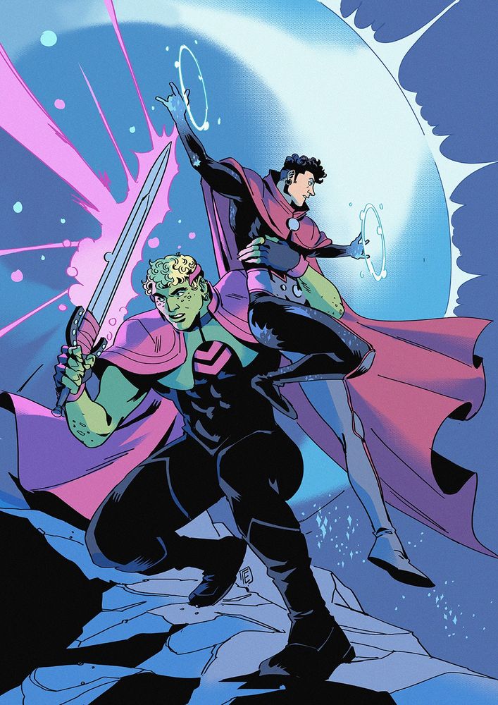 Hulkling holding Wiccan as they fight unseen enemies