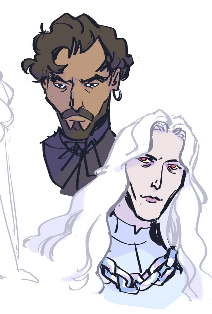 Portraits of two characters, the one on the top is brown with short curly hair and a beard, and the one on the bottom is pale white with white long hair and red eyes
