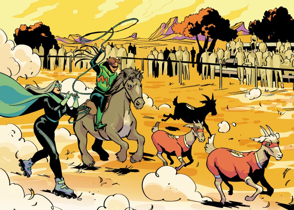 Panel from DC Pride 2024 of Circuit Breaker, on a pony, chasing three goats 