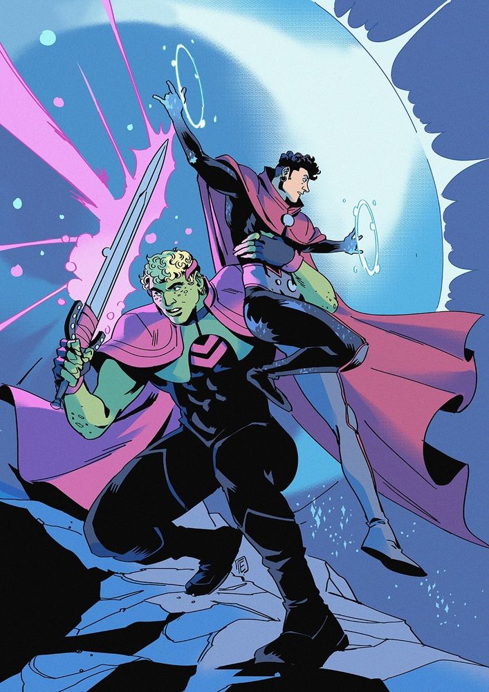 Hulkling holding Wiccan as they fight unseen enemies
