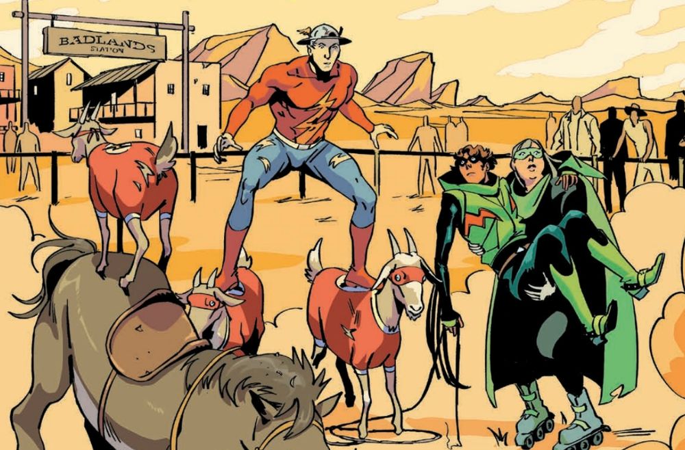 Panel from DC Pride 2024 of Flash standing on two goats, one leg on each