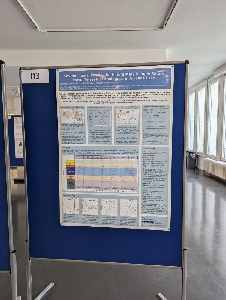 An academic poster at stand I13 titled, "Environmental Proxies for Future Mars Sample Return: Novel Terrestrial Analogues in an Alkaline Lake"