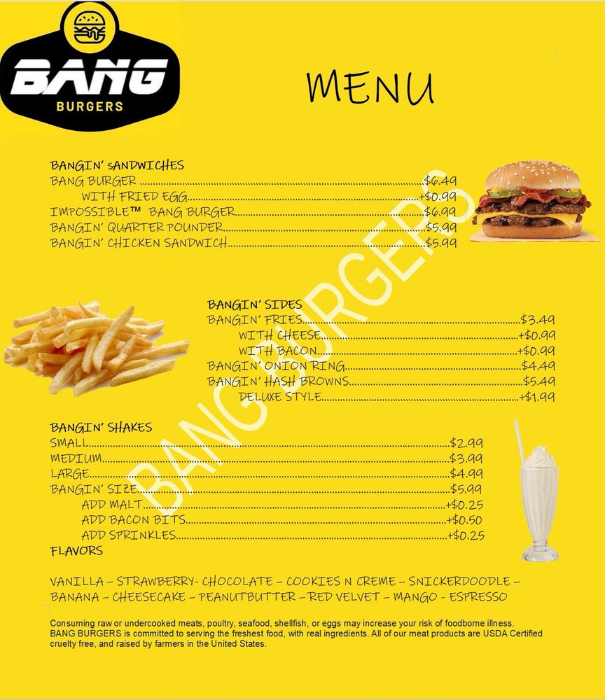 Bang Burgers menu. note this is not a real restaurant 
