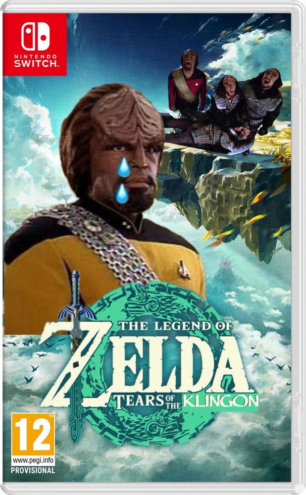 Portada de “The Legend of Zelda Tears of the Kingdon” editada con Worf llorando y el título “The Legend of Zelda Tears of the Klingon”