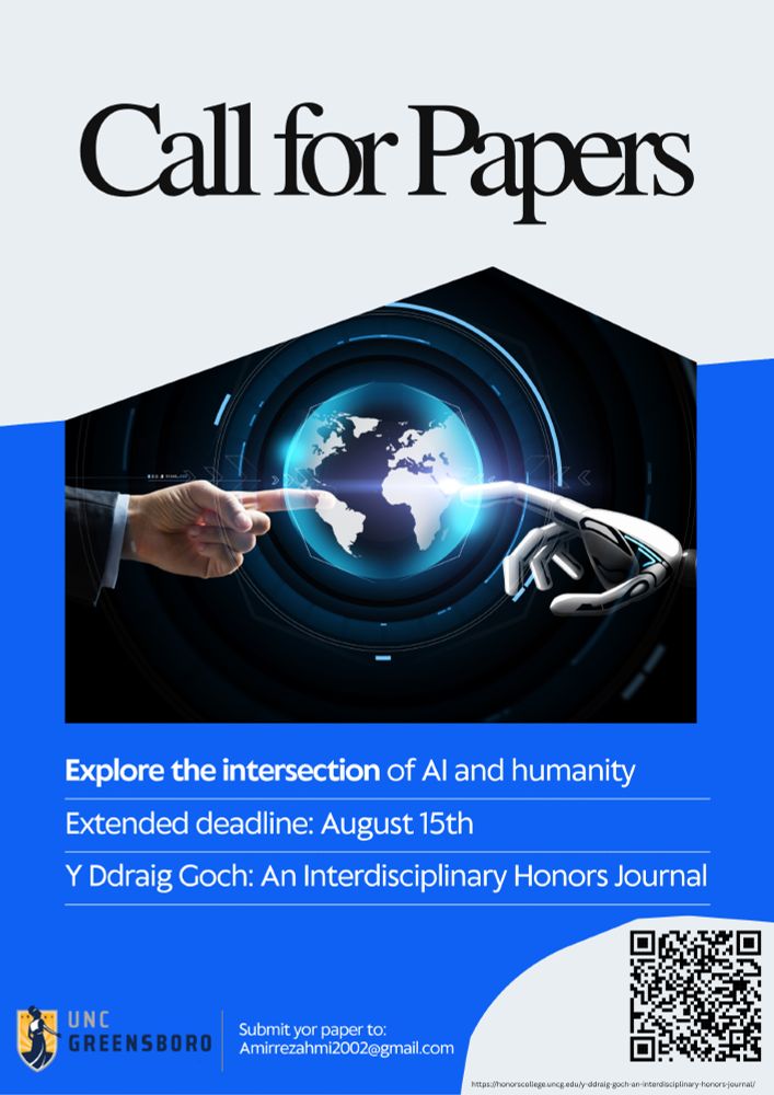 Call for papers for YDG. A human hand and a robotic hand both touching a holographic globe. 