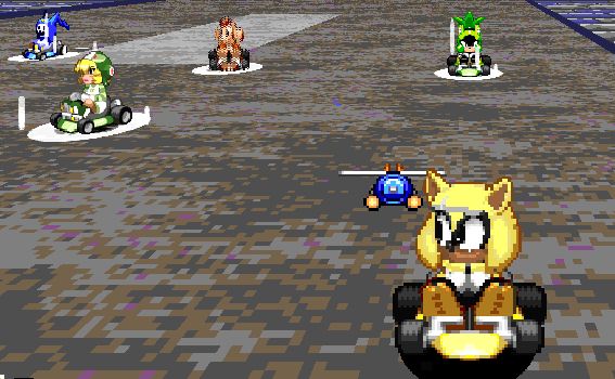 A screenshot of Dr. Robotnik's Ring Racers featuring a modded character. The modded character is a yellow hedgehog meant to resemble Agent 4 from Splatoon. Agent 4 is looking at other racers. Sprites were rendered in Blender3d.