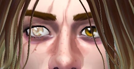 zoomed in screenshot of the sims 4 showing a viktor (arcane) sim. his right eye is a pale yellow with scars across the right side of his face implying he's blind in that eye