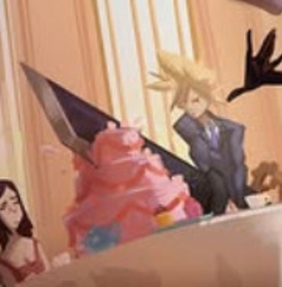 low-res zoomed in screenshot that shows a cloud-strife looking character slicing a 3-tier cake in half with the buster sword.