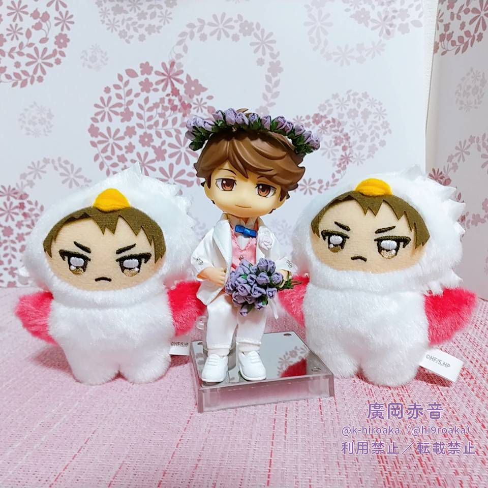 白のタキシード姿で、紫のバラの花冠を頭に、ブーケを手に持って座るおいかわどーる。微笑むおいかわの両隣を守るように凛々しいお顔で立つ、ふたりのちみけもわかとしの写真