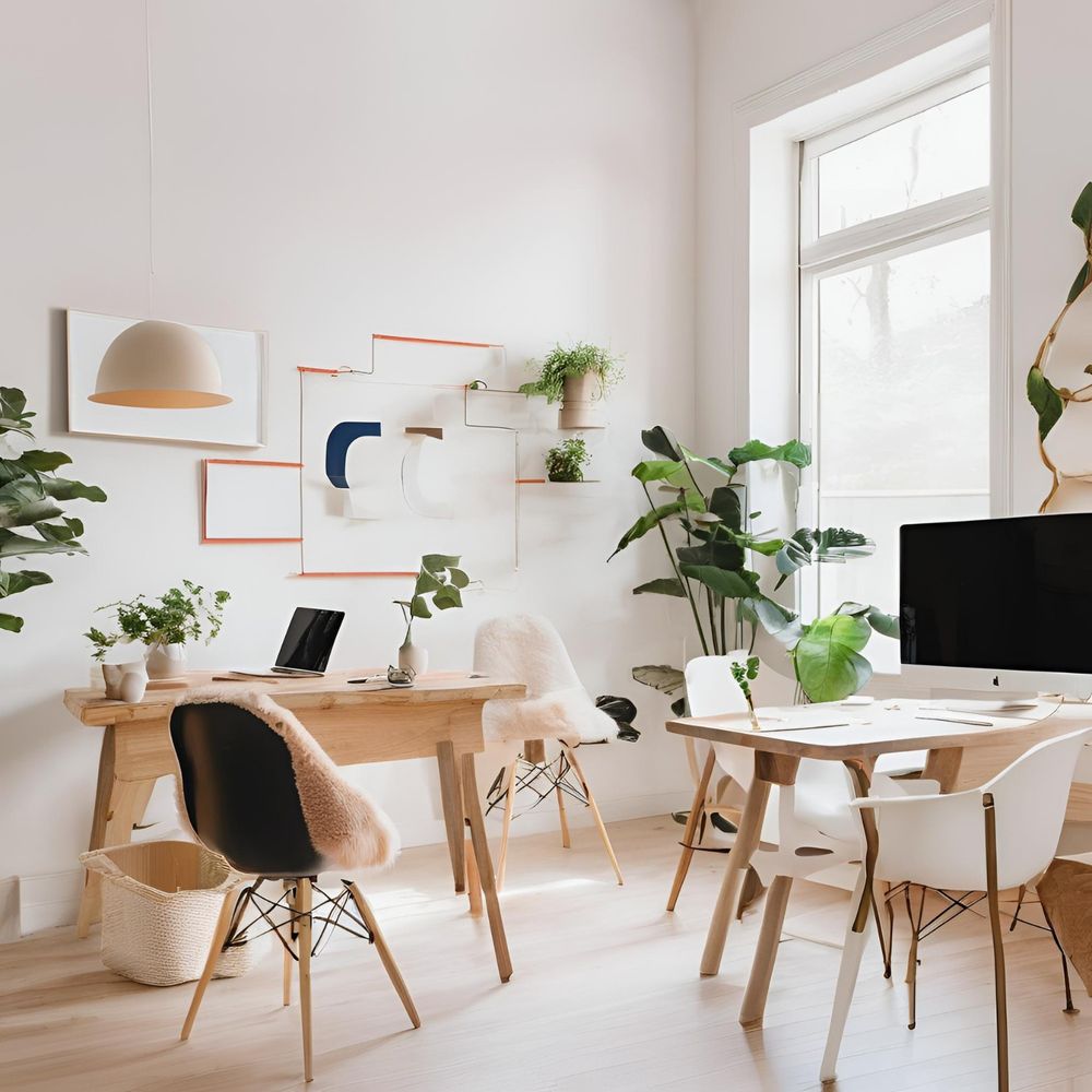 Bright, modern workspace with natural light, wooden desks, and white chairs, surrounded by lush green plants and minimalist decor, creating a fresh and inviting atmosphere.