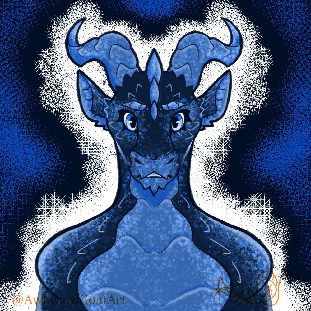 A blue, female humanoid drake looking pensively at the camera, clearly worried about something unseen