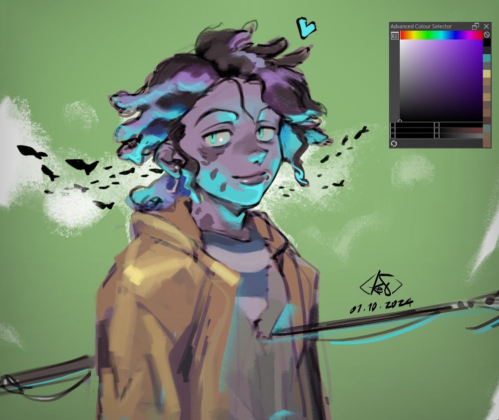 A digital sketch of my zombie OC with a harpoon stuck in his left chest.