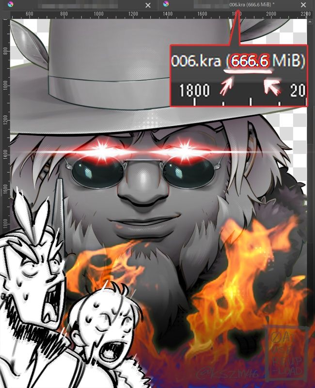 Season 1 York and Rose pogging over the file size of a work-in-progress portrait of S1 Gma (666.6MiB).