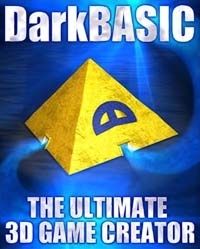 The cover of DarkBasic, a yellow pyramid with the mask-like logo before a blue background