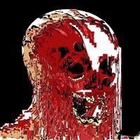 Deep fried and pixelated image of a screaming, skull-like head whose flesh is sloughing off to reveal an abstract smear of other screaming, bloody skulls.