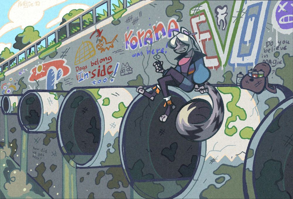 Digital art of anthro snow leopard sitting on one of the big cement water pipes. There are 5-6 water pipes, all covered in moss and small cracks and pouring green water into off camera canal. They're sticking from equally messed up cement wall, but it's also covered with different graffiti and scibbles