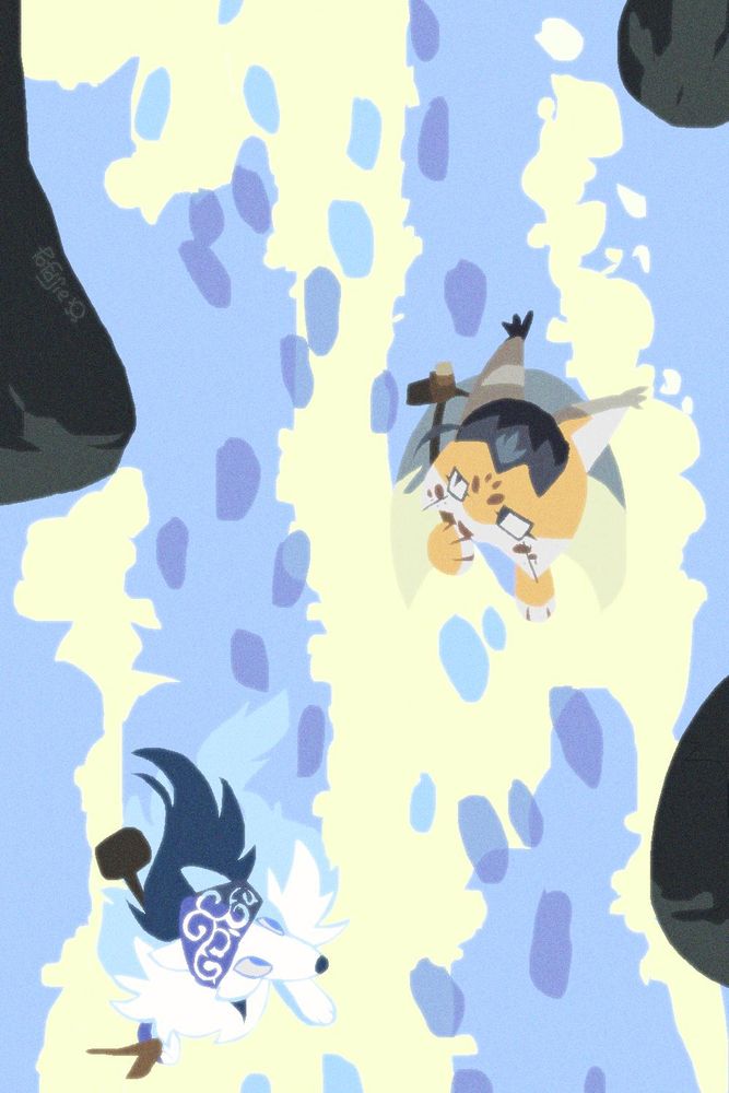 Digital art of furry versions of Ogata and Asirpa from Golden Kamuy walking in the snowy forest with camera looking down on them