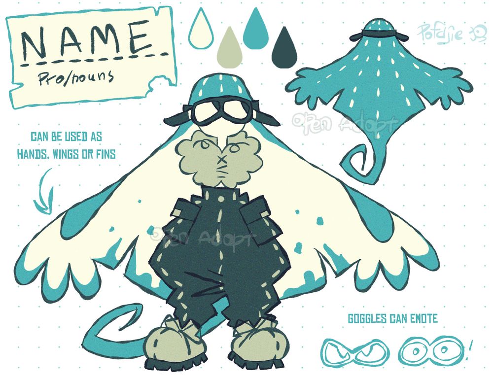 Ref sheet for a ray-like humanoid creature wearing pilot outfit