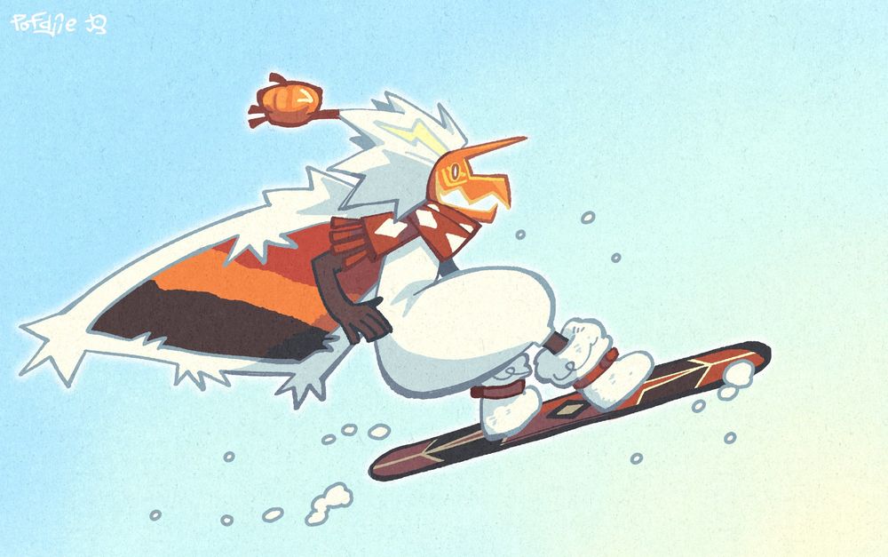 Sky kid (race from the game sky children of the light) riding a red snowboard. They have: orange and yellow unicorn mask; wild fluffy white hair; small pumpkin crab clinging to their hair; white fluffy cape with brown orange and red insides; red scarf with white diamond pattern; white dress-bloomers(?); fluffy white boots with red horns.