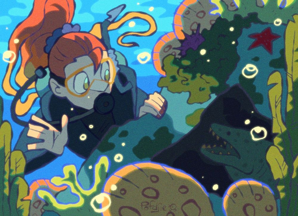 Digital art of a redhead girl in diving gear waving at a moray eel hiding in a cave covered in corals and kelp