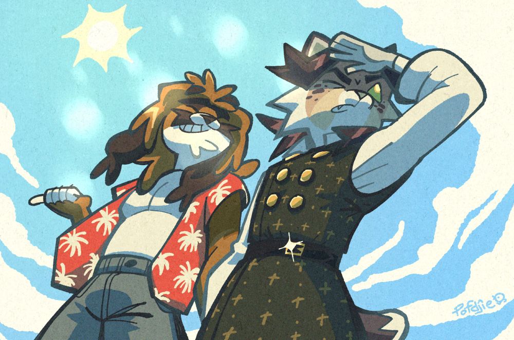 Digital art of two furry characters with slight "looking from below" perspective. One the left there's a dog looking guy in shorts and hawaii shirt, smiling and pointing to something off screen. On the right there's a feline guy in long green clothes with puffy white sleeves, he's covering his eyes with a hand to create shadow. He's not very happy and clearly too hot dressed for the weather. Behind them is a bright blue sky with sun and clouds