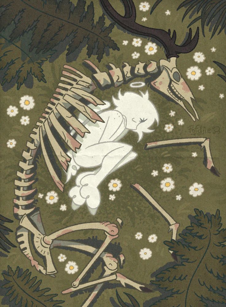 Digital drawing of an angel napping inside the ribs of a deer skeleton. around them are a lot of ferns, tall grass and small white flowers