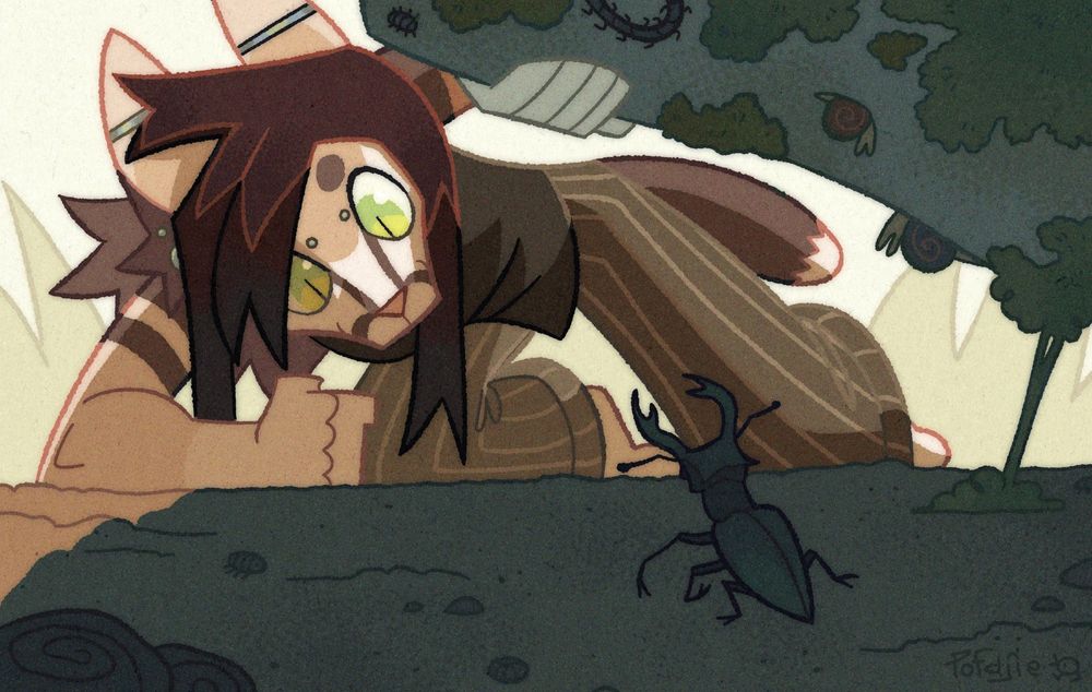 Digital drawing of a feline furry character kneeing before a lifted rock where in the shadow are a lot of small creatures and a large stag beetle