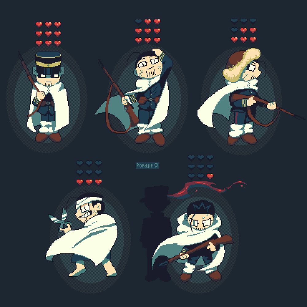 Pixel art of Ogata from Golden kamuy. 1 is him during war time, 2 after the first surgery, 3 after abashiri, 4 during the hospital escape, 5 in the end (with the shadow of Yuusaku behind him)