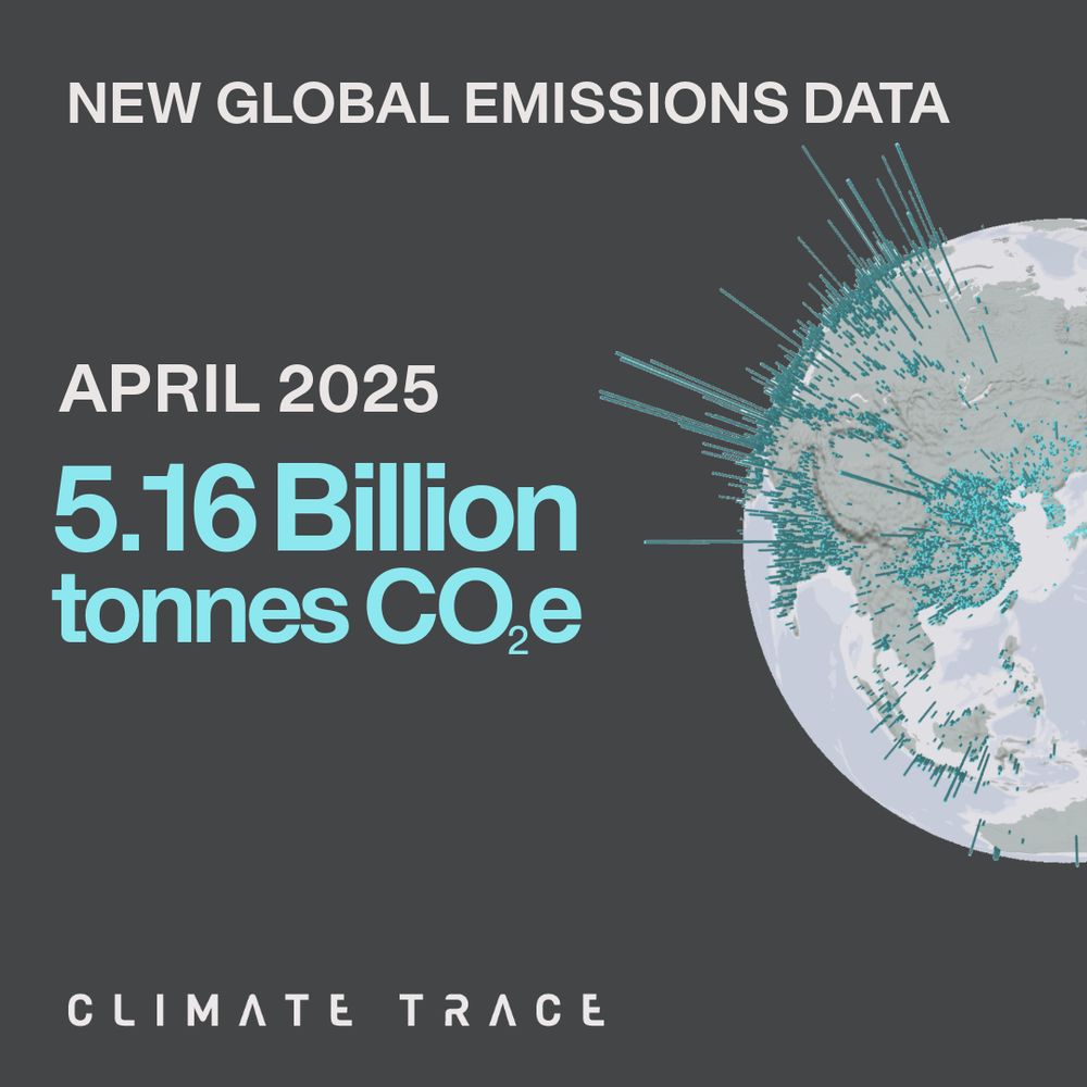Graphic showing “NEW GLOBAL EMISSIONS DATA” with the date “APRIL 2025” and the total “5.16 Billion tonnes CO₂e” in large blue text. On the right is a partial globe map visualizing emissions data with vertical blue lines indicating emissions sources. Climate TRACE logo appears at the bottom.