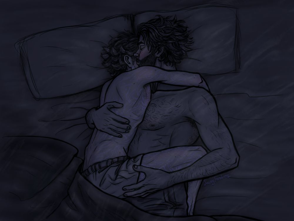Viktor and Jayce hold each other in the center of their bed. The sheets are wrinkled and mostly pushed down. Both wear sleep shorts, Viktor has his shorter haircut, and Jayce has his later-season 2 grown out hair and beard. Viktor is pressed firmly against Jayce with his right arm and leg thrown over Jayce. Jayce is lying mostly on his back, with his right arm wrapped under Viktor, and left hand holding Viktor's leg. Viktor's head is buried between the two pillows and snuggling into Jayce's shoulder. Jayce has his head turned to give a smooch on Viktor's cheek. 
Dark, desaturated blue-purple coloring, like they're in the dark at night. Black linear, grayscale shading, with purple and blue glow, and pink blush highlights. Subtle moonlight filters in through an off-screen window on the right.
