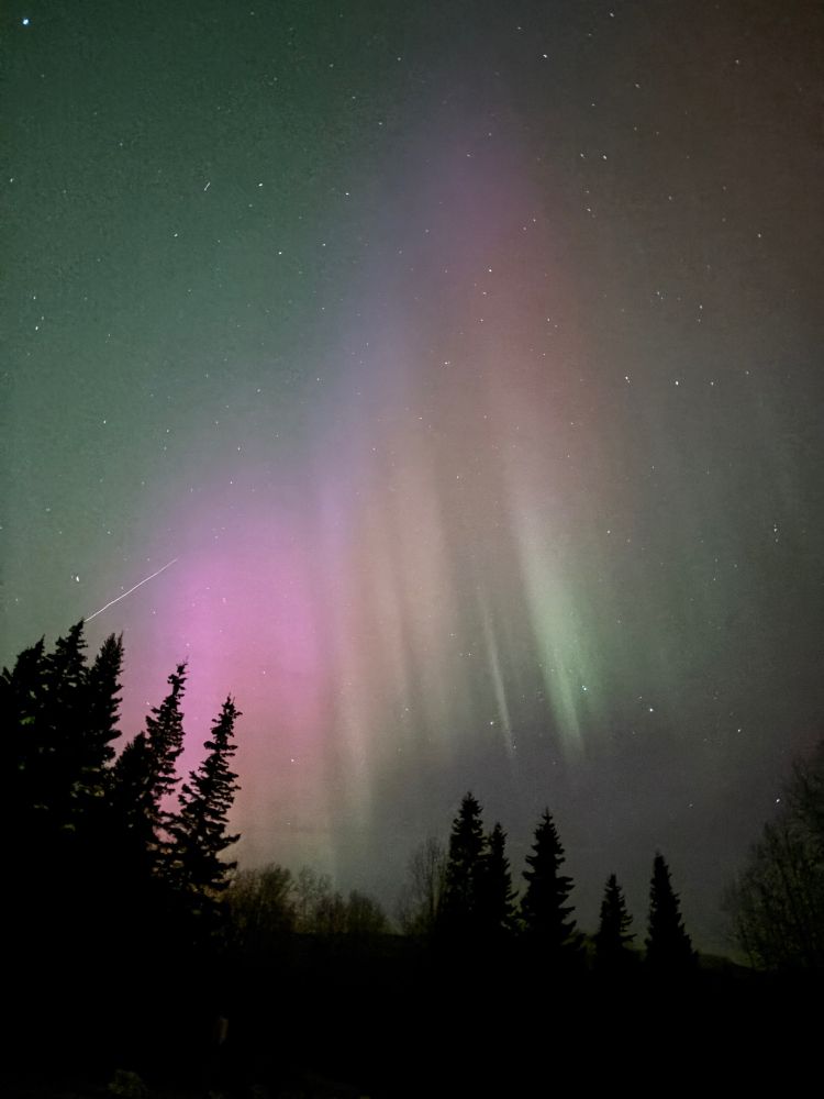 Northern lights with a shooting star. Colours of pink, green and white