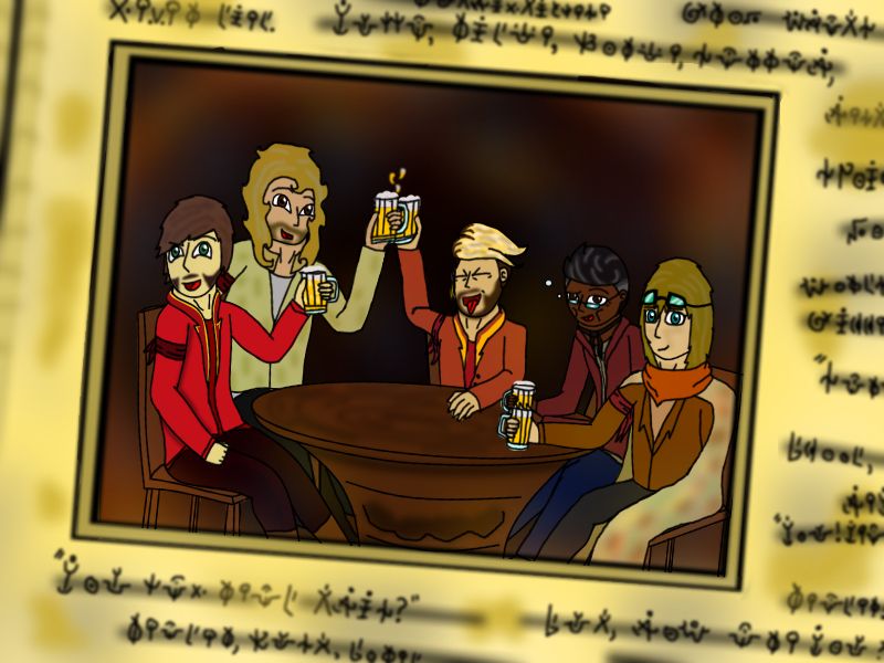 2018 original image. Five people look at the photographer, smiling and raising their drinks in celebration. Left-right: Ridge Archenal (MC), Youcca Manes, Jorge McGall (Not pictured in the recent redraw), Dr. Hestan Itini, and Sarah Archenal. The Text is in a personal language of mine, and I dont want to reveal what it says lol. 