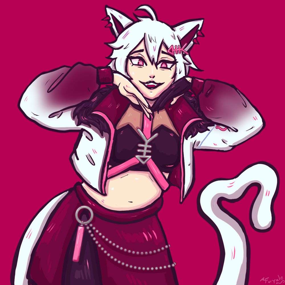 A cat girl resting her head between her hands