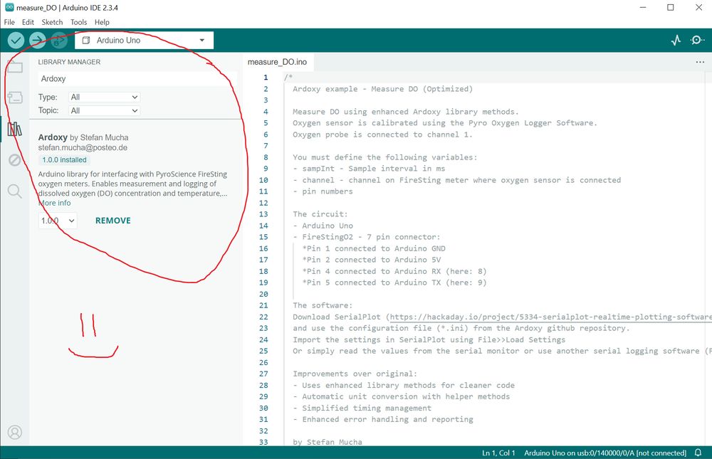 Screenshot of the Arduino IDE with the library manager tab open showing the option to download and install the Ardoxy library