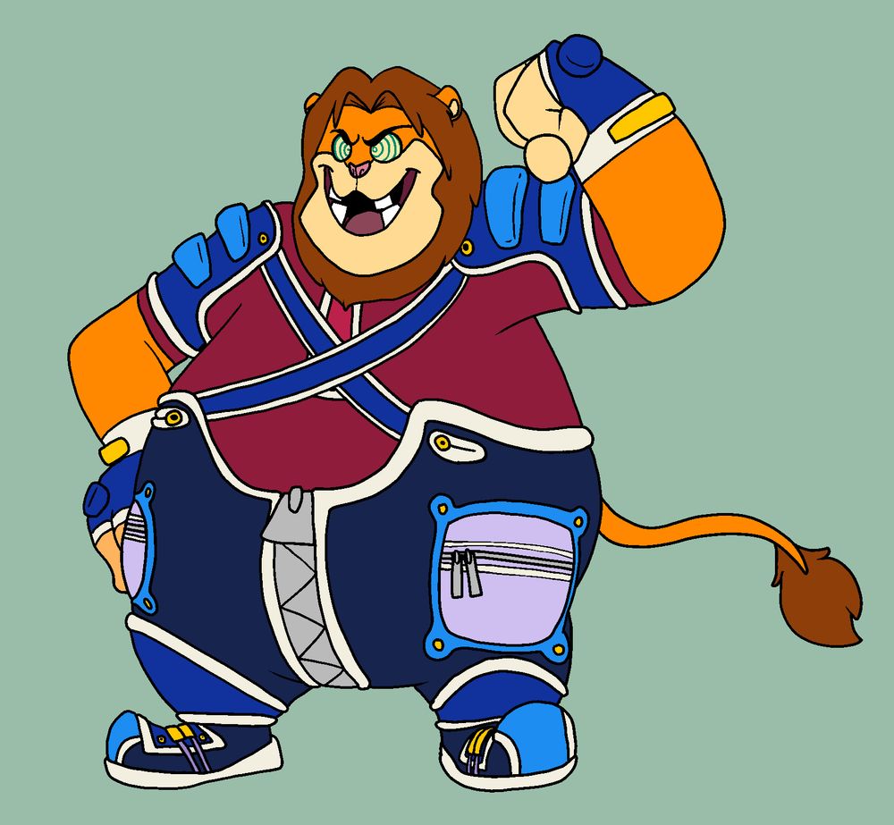 Simba reshaped into Pete's (Kingdom Hearts) body shape and in his outfit, flexing one arm with hypnotized eyes
