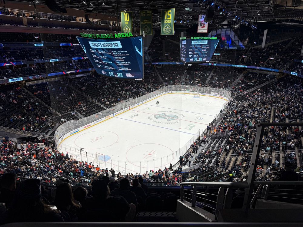 A view of the Climate Pledge Arena ice from section 106.